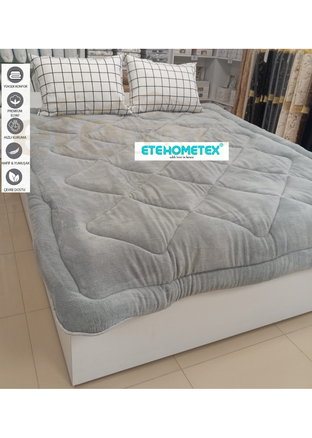 ETE HOMETEX ÇİFT KİŞİLİK WELSOFT YORGAN 195X215CM KARELİ GRİ BEYAZ 8696474231669